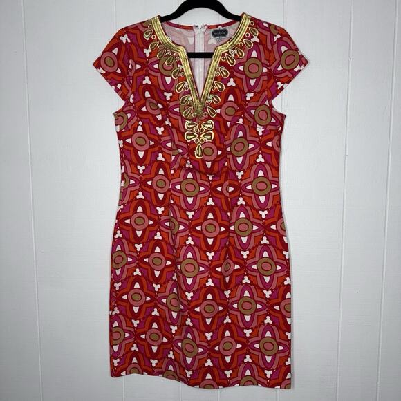 Mud Pie Women’s Jackie Dress Sheath Geometric Red Pink Gold Embroidery S 4-6 - Picture 1 of 5
